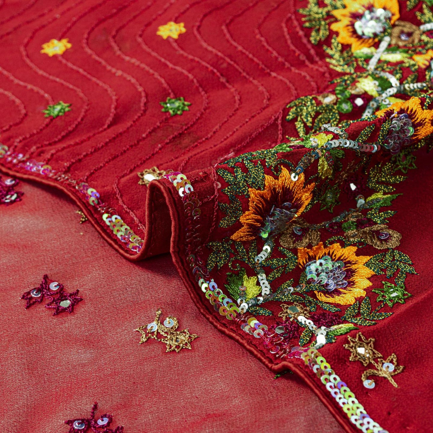 Sanskriti Vintage Red Pure Georgette Silk Dupatta Stole Thread Embroidered Veil