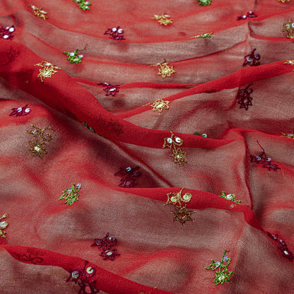 Sanskriti Vintage Red Pure Georgette Silk Dupatta Stole Thread Embroidered Veil