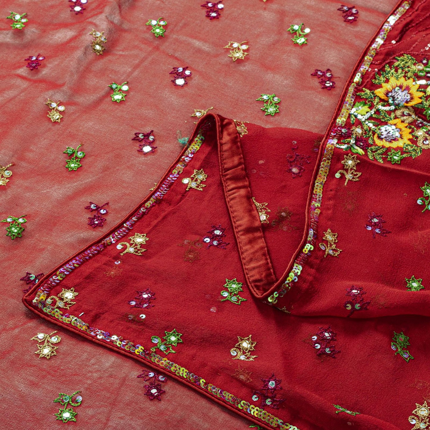 Sanskriti Vintage Red Pure Georgette Silk Dupatta Stole Thread Embroidered Veil