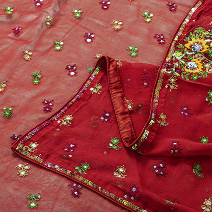 Sanskriti Vintage Red Pure Georgette Silk Dupatta Stole Thread Embroidered Veil