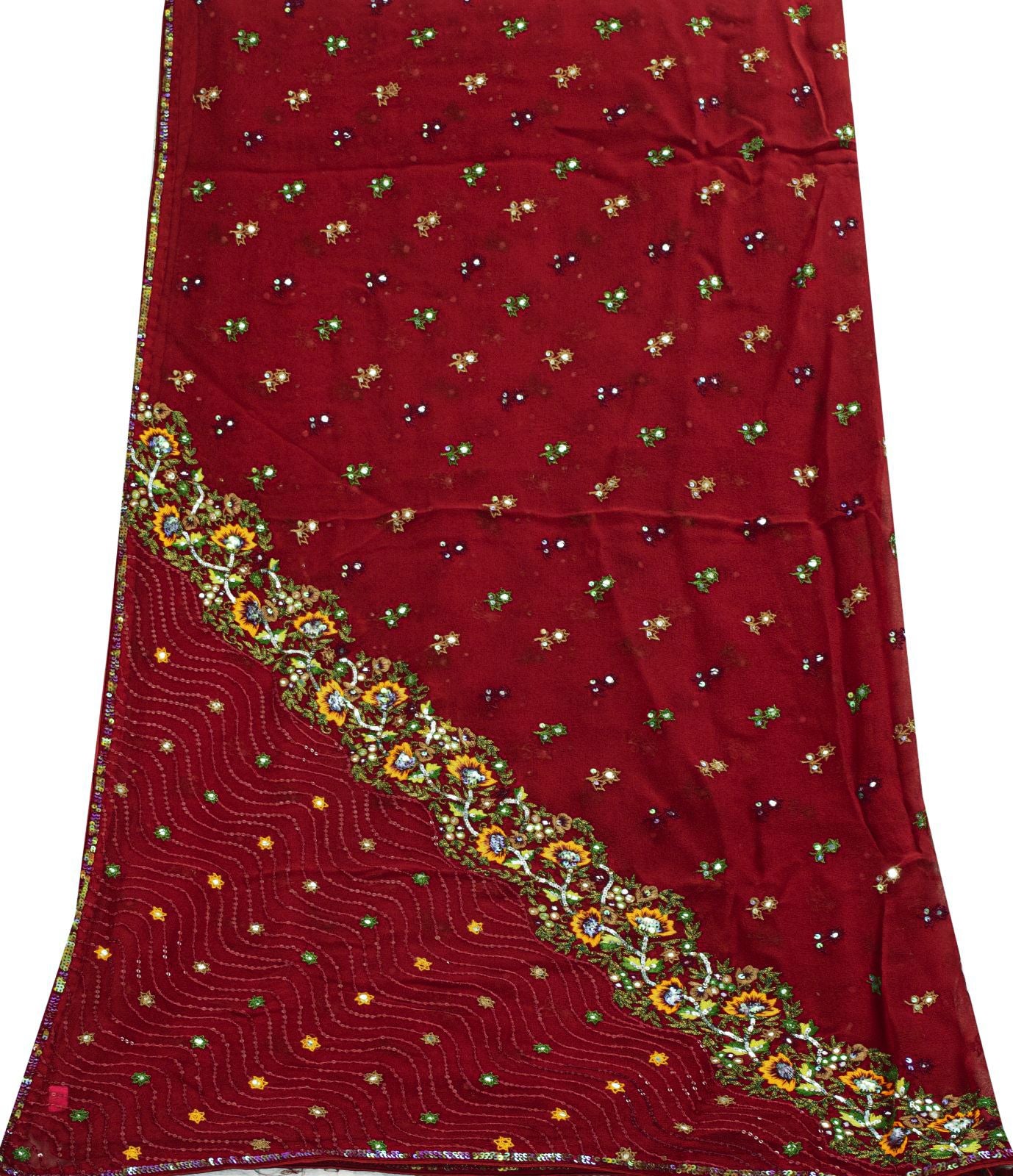 Sanskriti Vintage Red Pure Georgette Silk Dupatta Stole Thread Embroidered Veil