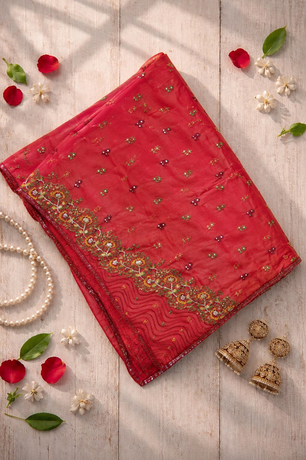 Sanskriti Vintage Red Pure Georgette Silk Dupatta Stole Thread Embroidered Veil