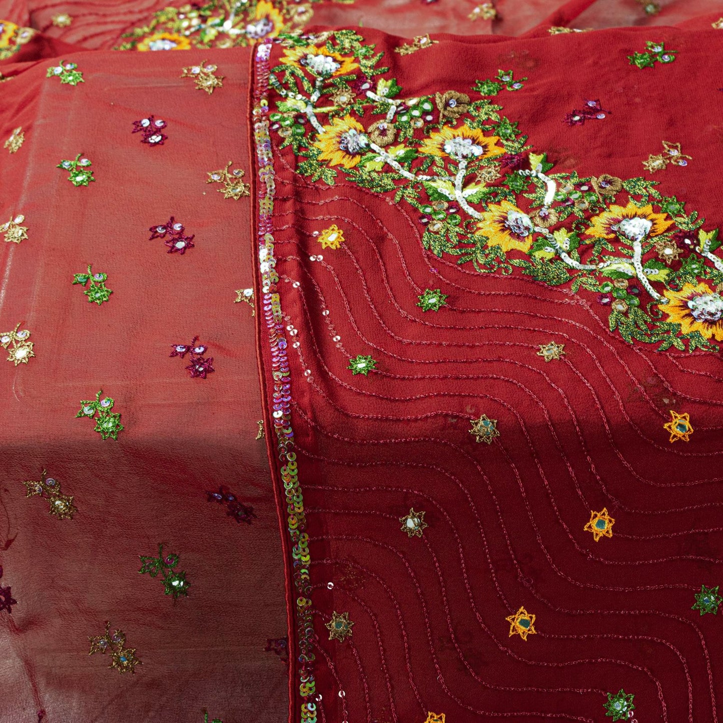 Sanskriti Vintage Red Pure Georgette Silk Dupatta Stole Thread Embroidered Veil