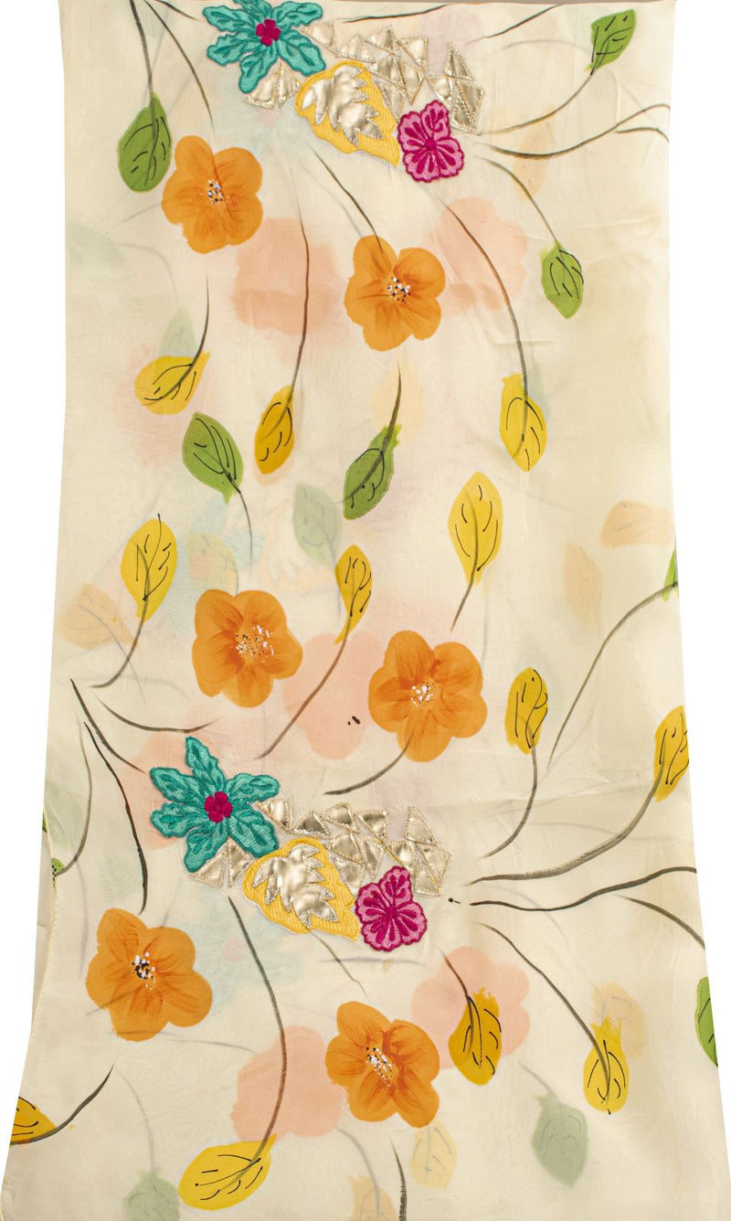 Sanskriti Vintage Dupatta/Stole Ivory Pure Georgette Digital-Embroidered Patch