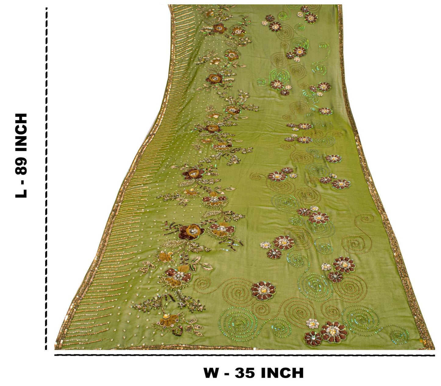 Sanskriti Vintage Dupatta/Stole Green Pure Georgette Silk Hand Beaded IndianVeil