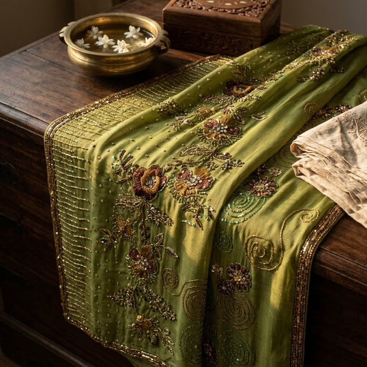 Sanskriti Vintage Dupatta/Stole Green Pure Georgette Silk Hand Beaded IndianVeil