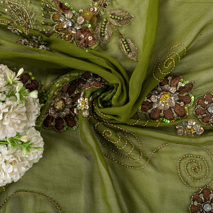 Sanskriti Vintage Dupatta/Stole Green Pure Georgette Silk Hand Beaded IndianVeil