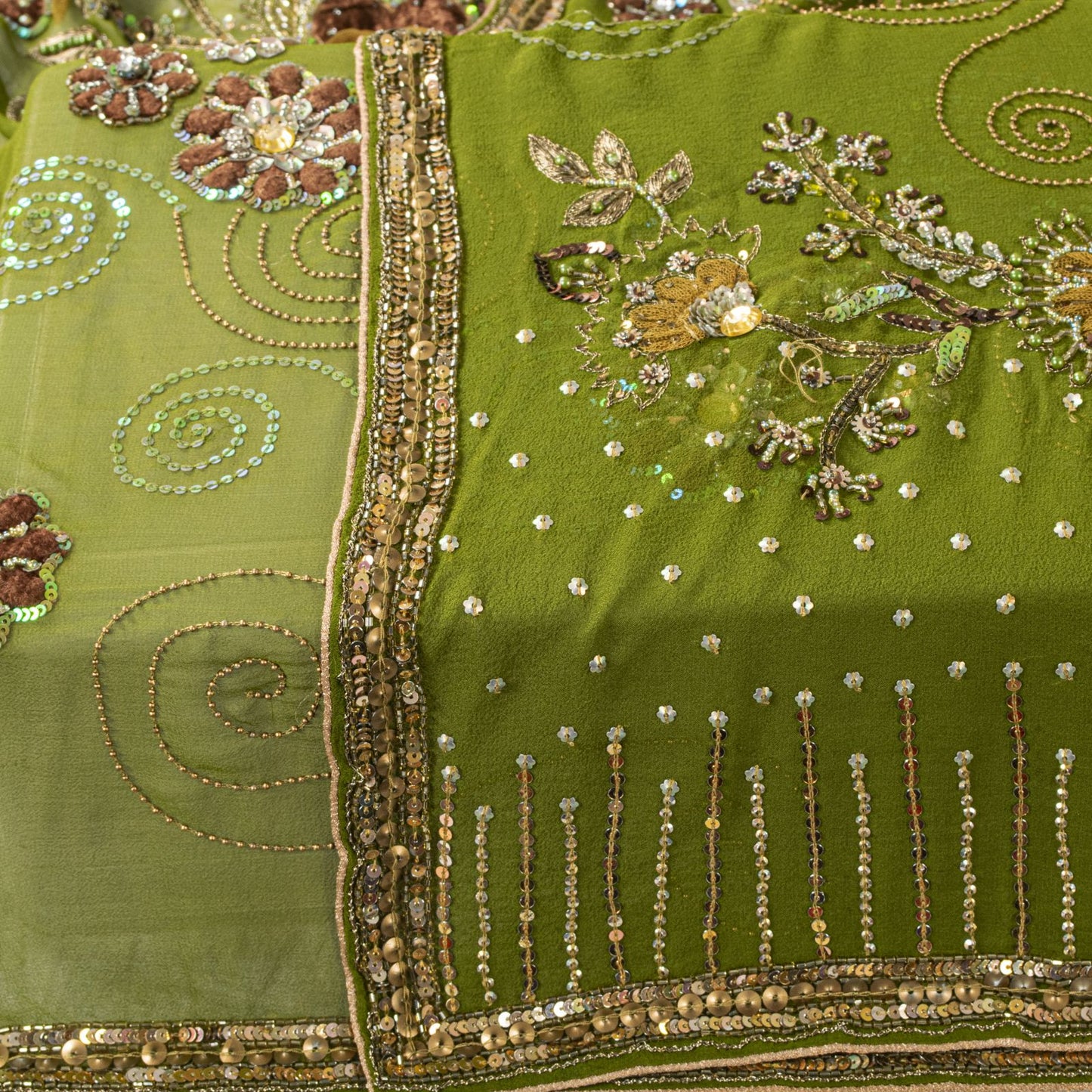 Sanskriti Vintage Dupatta/Stole Green Pure Georgette Silk Hand Beaded IndianVeil