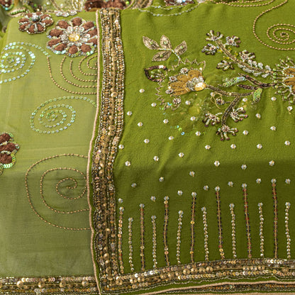 Sanskriti Vintage Dupatta/Stole Green Pure Georgette Silk Hand Beaded IndianVeil