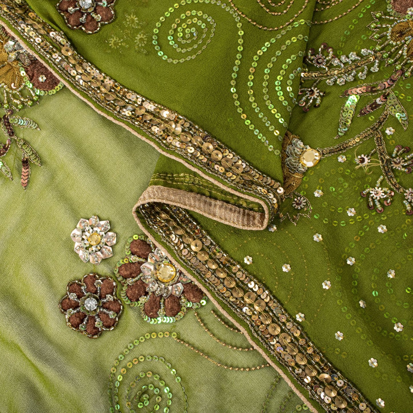 Sanskriti Vintage Dupatta/Stole Green Pure Georgette Silk Hand Beaded IndianVeil