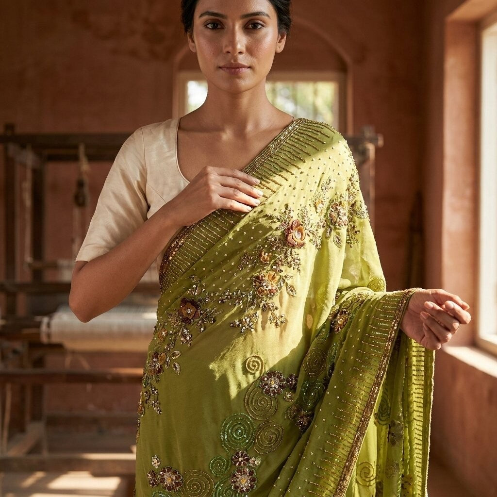 Sanskriti Vintage Dupatta/Stole Green Pure Georgette Silk Hand Beaded IndianVeil