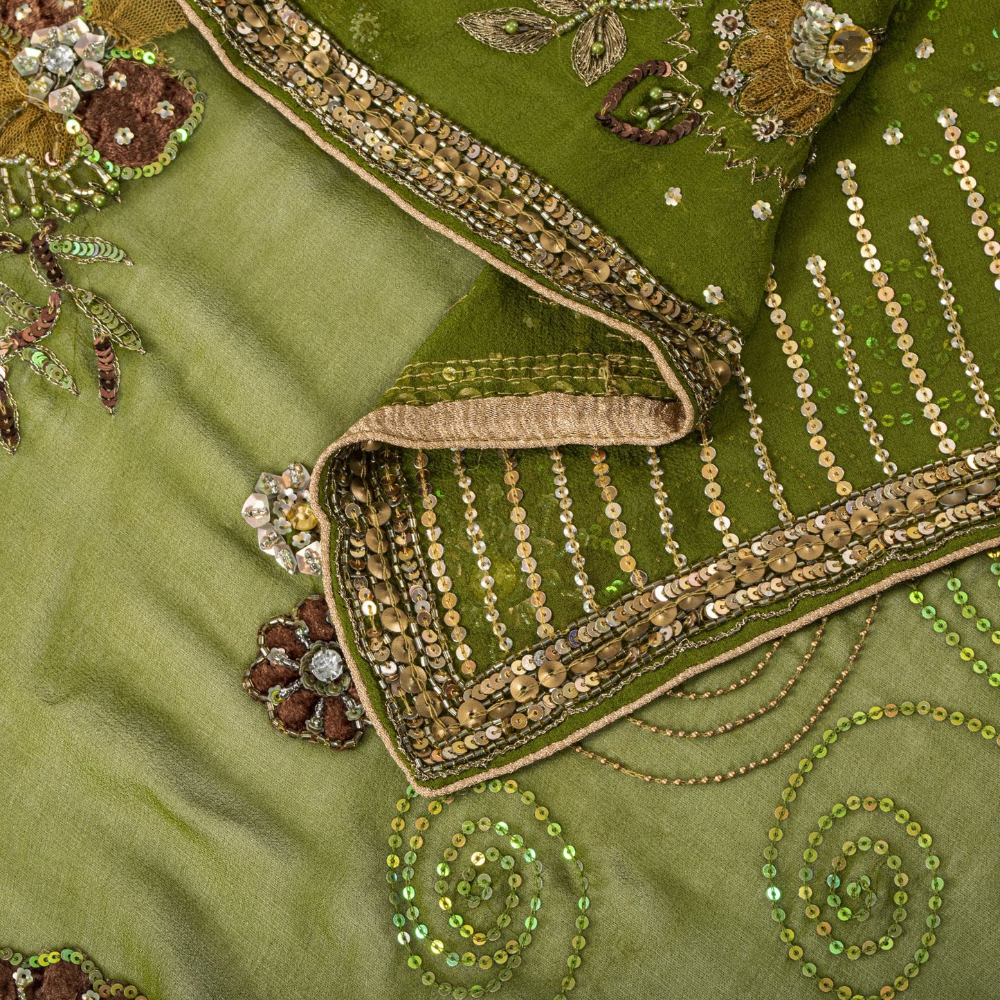 Sanskriti Vintage Dupatta/Stole Green Pure Georgette Silk Hand Beaded IndianVeil