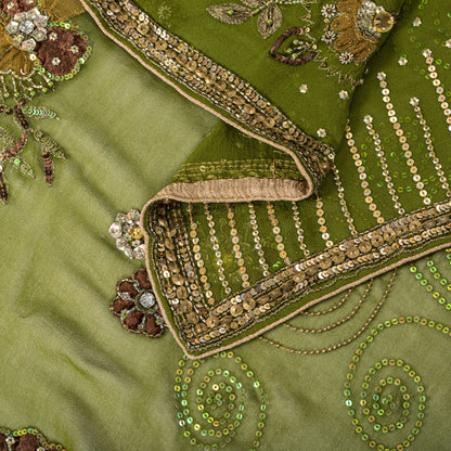 Sanskriti Vintage Dupatta/Stole Green Pure Georgette Silk Hand Beaded IndianVeil