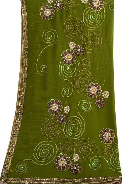 Sanskriti Vintage Dupatta/Stole Green Pure Georgette Silk Hand Beaded IndianVeil
