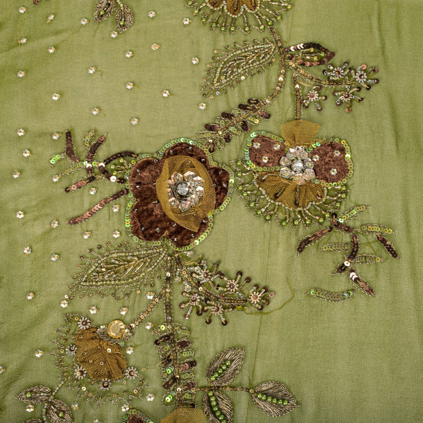 Sanskriti Vintage Dupatta/Stole Green Pure Georgette Silk Hand Beaded IndianVeil