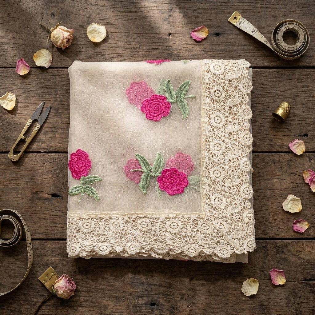 Sanskriti Vintage Dupatta/Stole White Net Fabric Patch-Crochet Lace Indian Veil