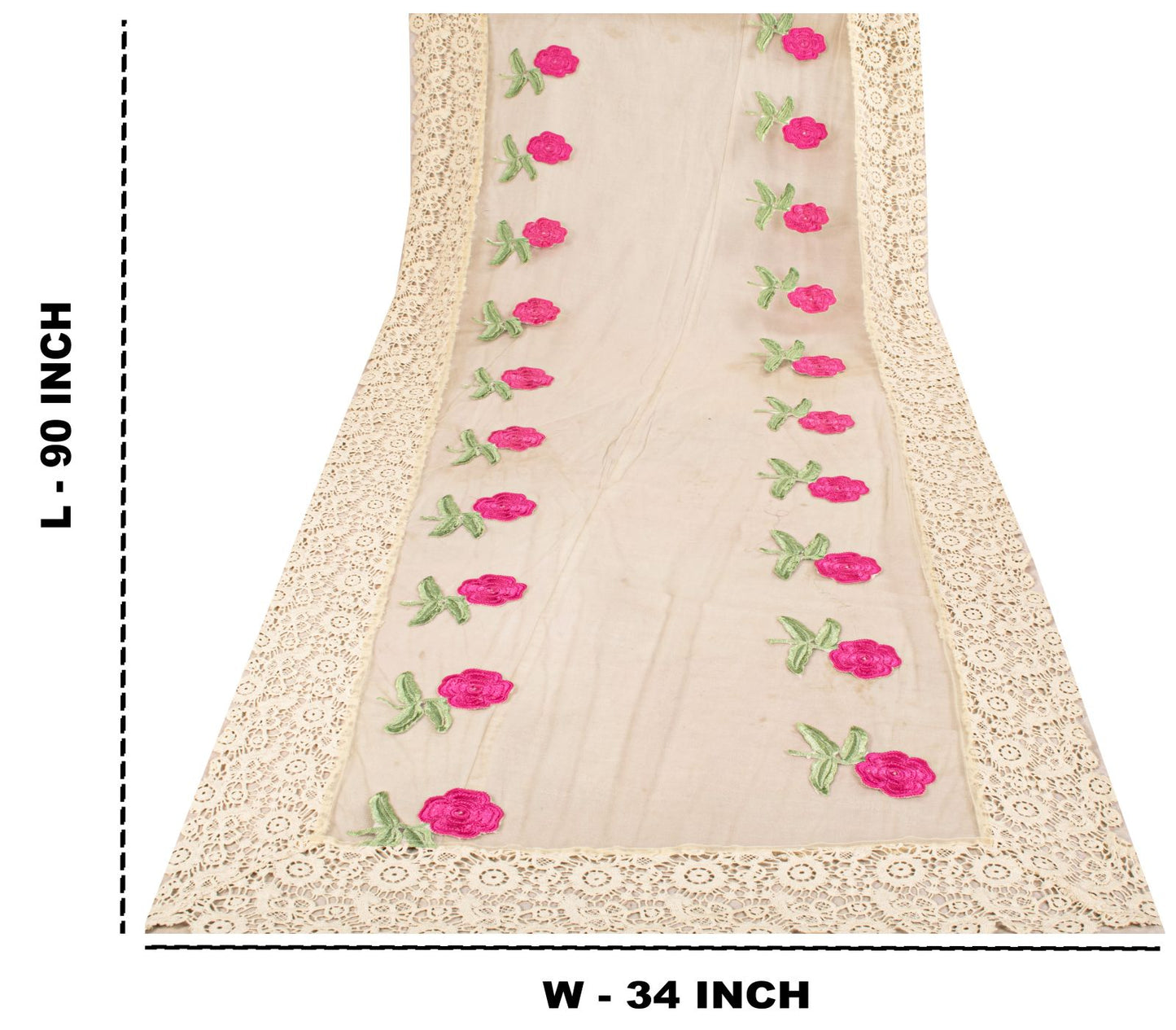 Sanskriti Vintage Dupatta/Stole White Net Fabric Patch-Crochet Lace Indian Veil