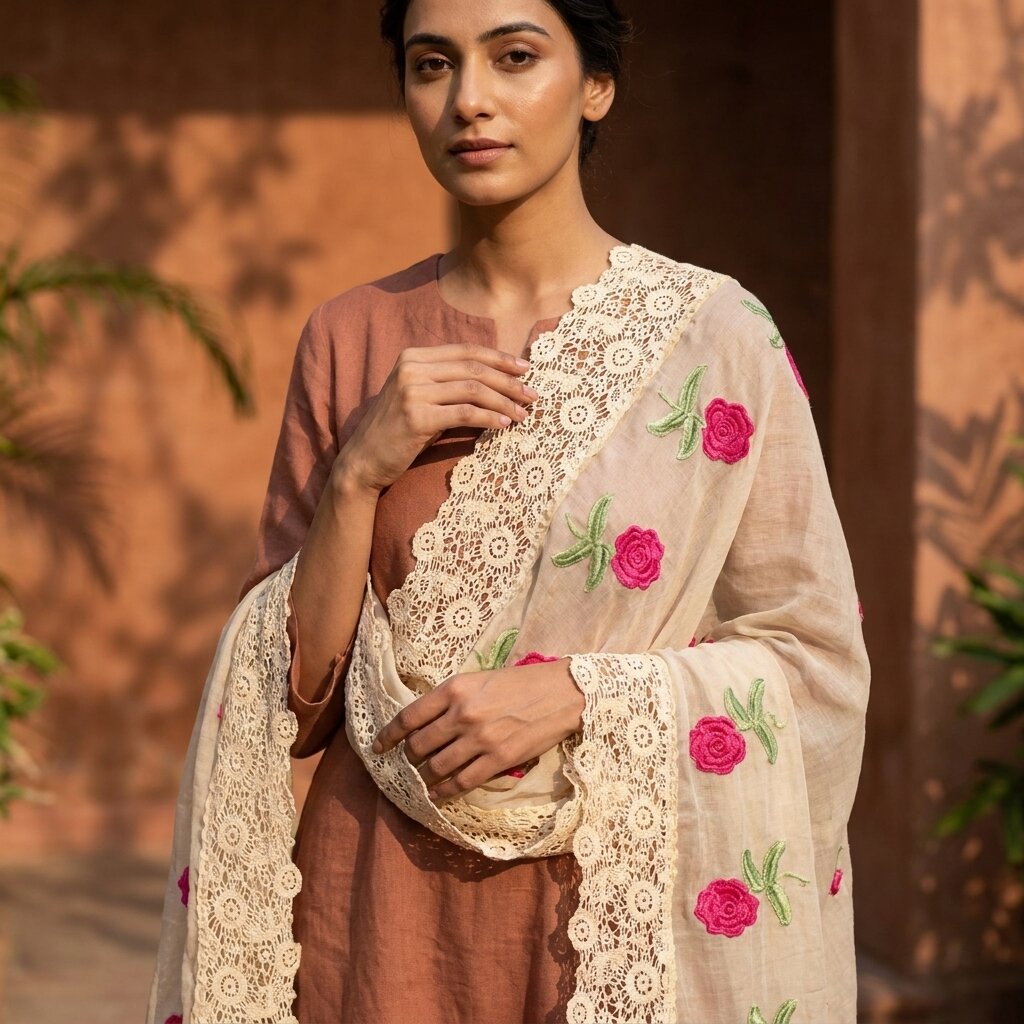 Sanskriti Vintage Dupatta/Stole White Net Fabric Patch-Crochet Lace Indian Veil