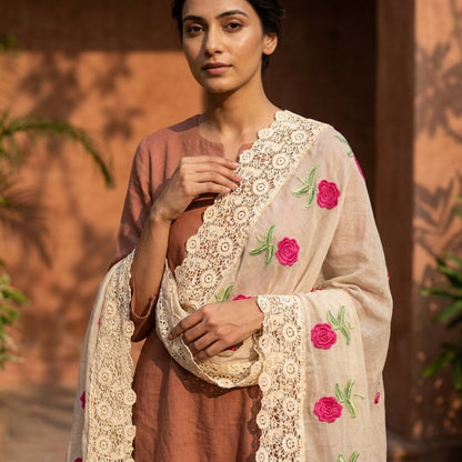 Sanskriti Vintage Dupatta/Stole White Net Fabric Patch-Crochet Lace Indian Veil