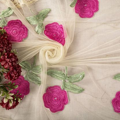 Sanskriti Vintage Dupatta/Stole White Net Fabric Patch-Crochet Lace Indian Veil