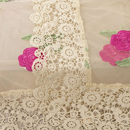 Sanskriti Vintage Dupatta/Stole White Net Fabric Patch-Crochet Lace Indian Veil