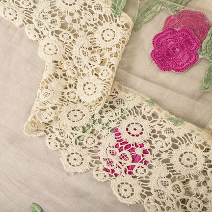 Sanskriti Vintage Dupatta/Stole White Net Fabric Patch-Crochet Lace Indian Veil