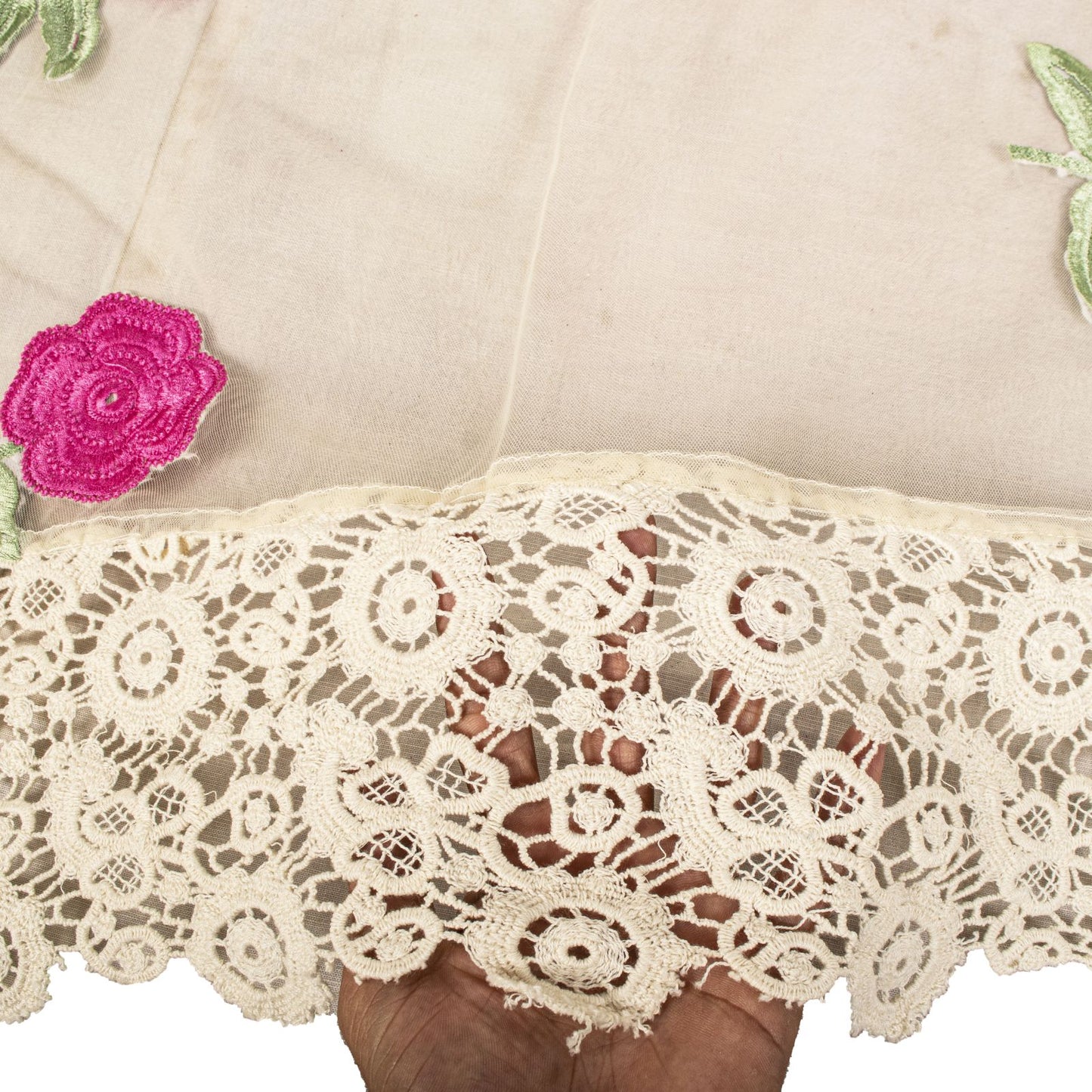 Sanskriti Vintage Dupatta/Stole White Net Fabric Patch-Crochet Lace Indian Veil