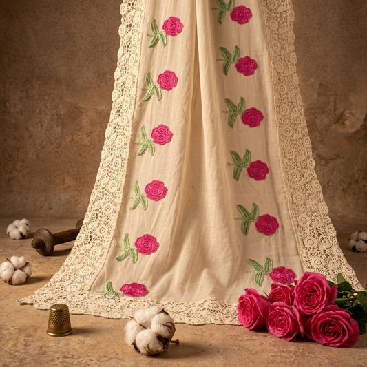 Sanskriti Vintage Dupatta/Stole White Net Fabric Patch-Crochet Lace Indian Veil