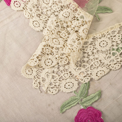 Sanskriti Vintage Dupatta/Stole White Net Fabric Patch-Crochet Lace Indian Veil
