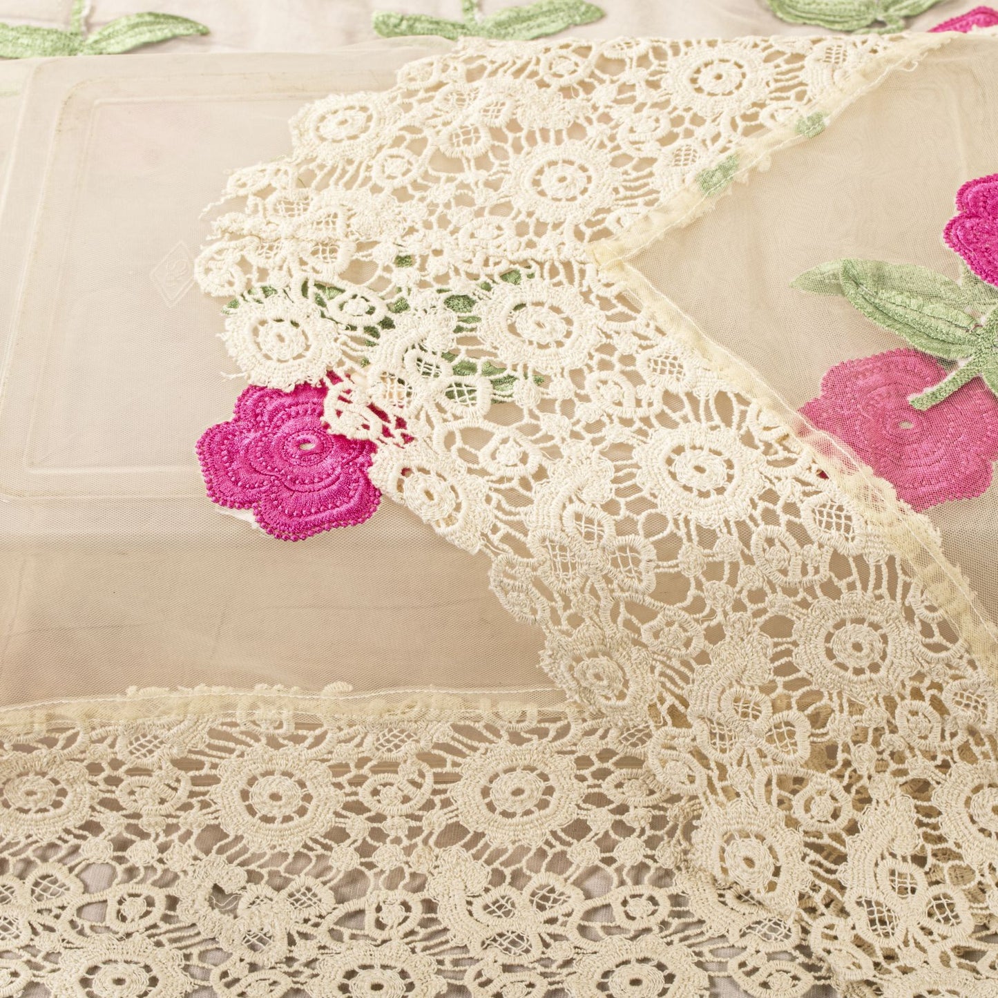 Sanskriti Vintage Dupatta/Stole White Net Fabric Patch-Crochet Lace Indian Veil