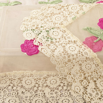 Sanskriti Vintage Dupatta/Stole White Net Fabric Patch-Crochet Lace Indian Veil