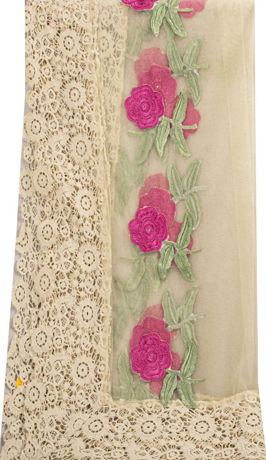 Sanskriti Vintage Dupatta/Stole White Net Fabric Patch-Crochet Lace Indian Veil