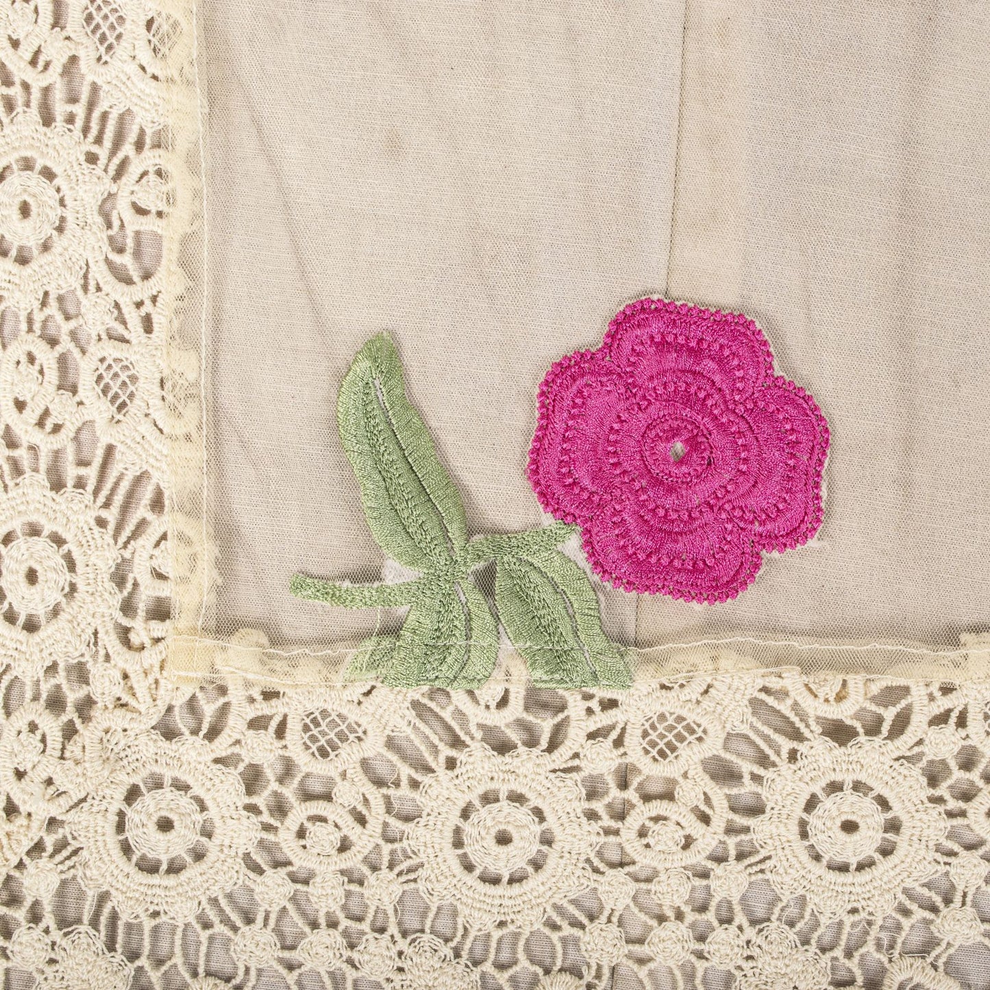 Sanskriti Vintage Dupatta/Stole White Net Fabric Patch-Crochet Lace Indian Veil