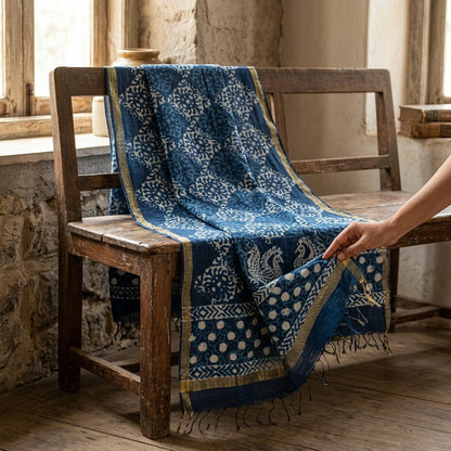Sanskriti Vintage Dupatta/Stole Blue Cotton Batik Work Chanderi Zari Woven Veil