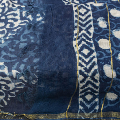 Sanskriti Vintage Dupatta/Stole Blue Cotton Batik Work Chanderi Zari Woven Veil