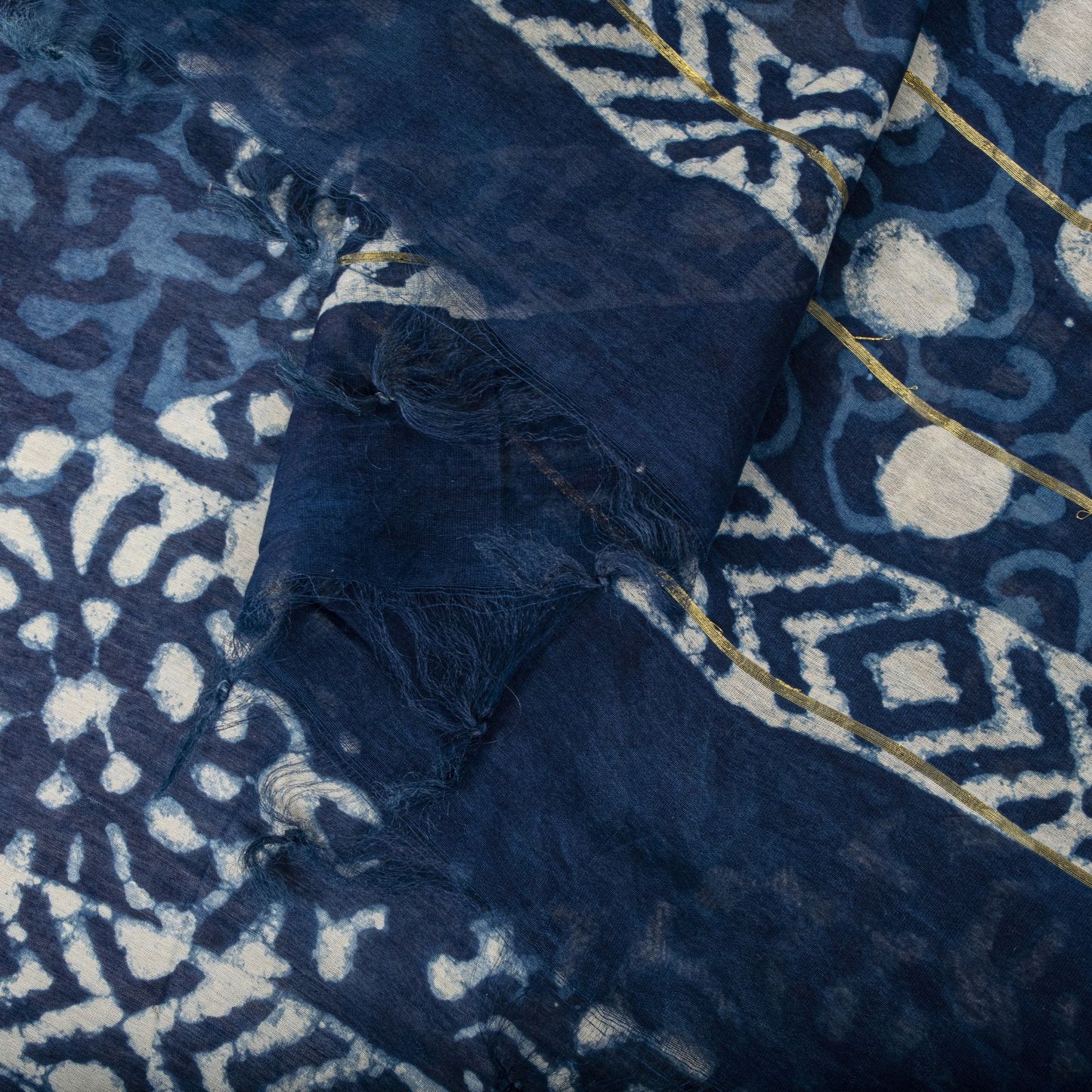 Sanskriti Vintage Dupatta/Stole Blue Cotton Batik Work Chanderi Zari Woven Veil