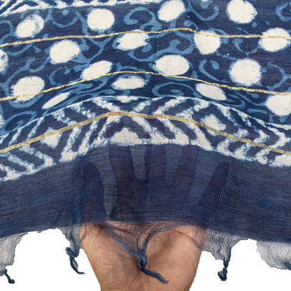 Sanskriti Vintage Dupatta/Stole Blue Cotton Batik Work Chanderi Zari Woven Veil