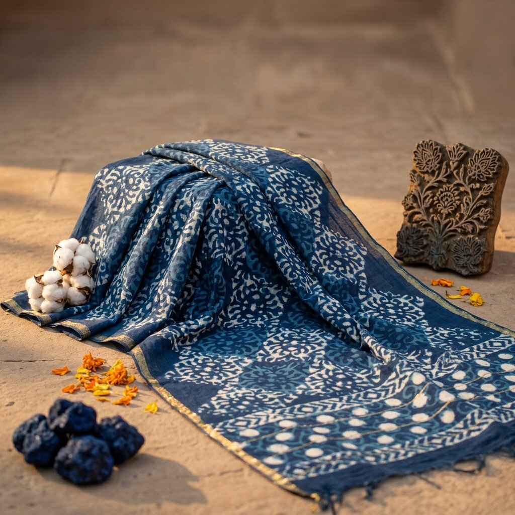 Sanskriti Vintage Dupatta/Stole Blue Cotton Batik Work Chanderi Zari Woven Veil