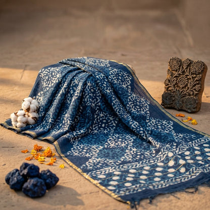 Sanskriti Vintage Dupatta/Stole Blue Cotton Batik Work Chanderi Zari Woven Veil
