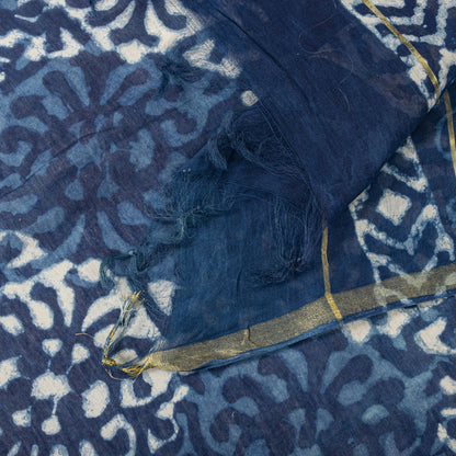 Sanskriti Vintage Dupatta/Stole Blue Cotton Batik Work Chanderi Zari Woven Veil