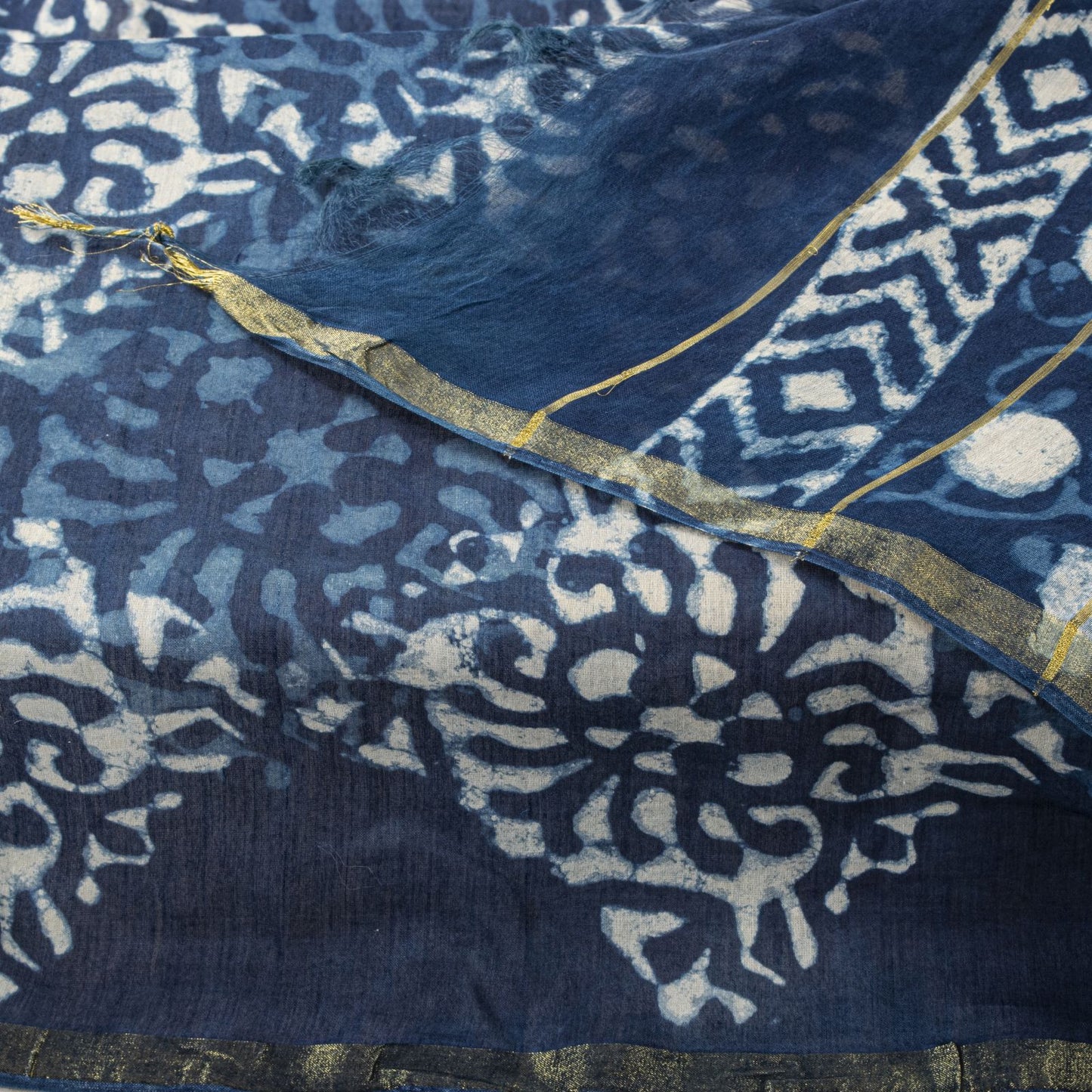 Sanskriti Vintage Dupatta/Stole Blue Cotton Batik Work Chanderi Zari Woven Veil