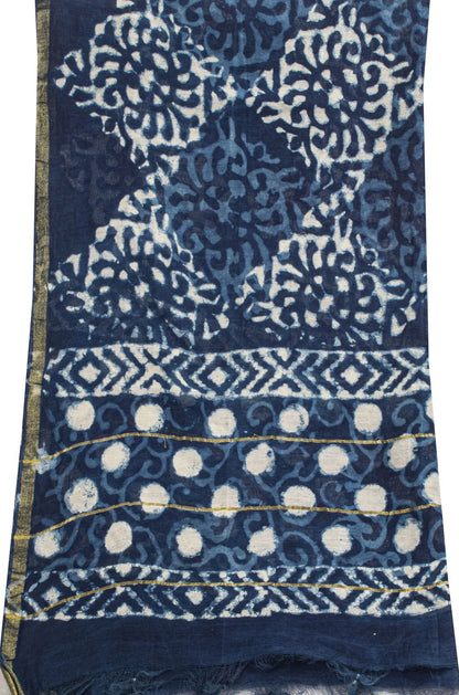 Sanskriti Vintage Dupatta/Stole Blue Cotton Batik Work Chanderi Zari Woven Veil