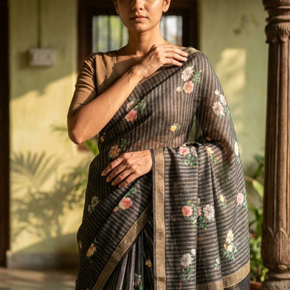 Sanskriti Vintage Dupatta/Stole Black Pure Cotton Digital Printed Floral Veil