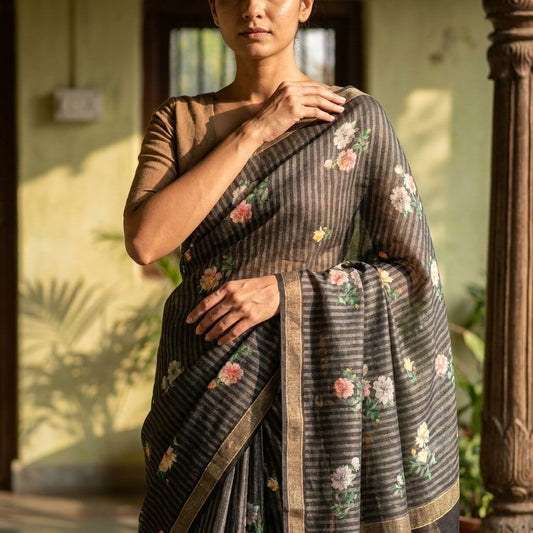 Sanskriti Vintage Dupatta/Stole Black Pure Cotton Digital Printed Floral Veil