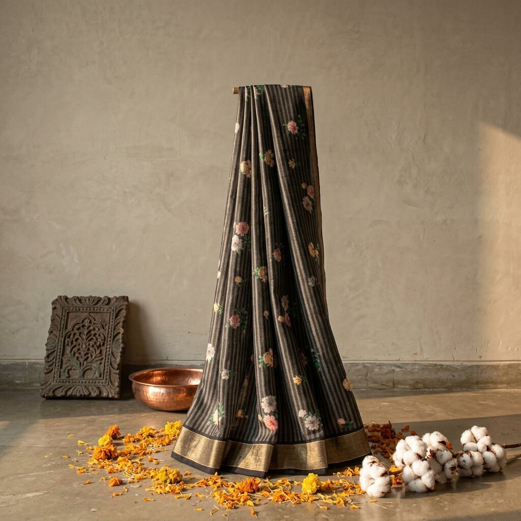 Sanskriti Vintage Dupatta/Stole Black Pure Cotton Digital Printed Floral Veil