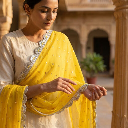 Sanskriti Vintage Dupatta/Stole Yellow Pure Chiffon Embroidered Sequins LaceVeil