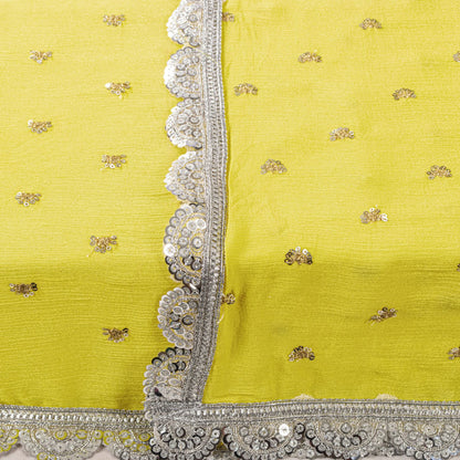 Sanskriti Vintage Dupatta/Stole Yellow Pure Chiffon Embroidered Sequins LaceVeil
