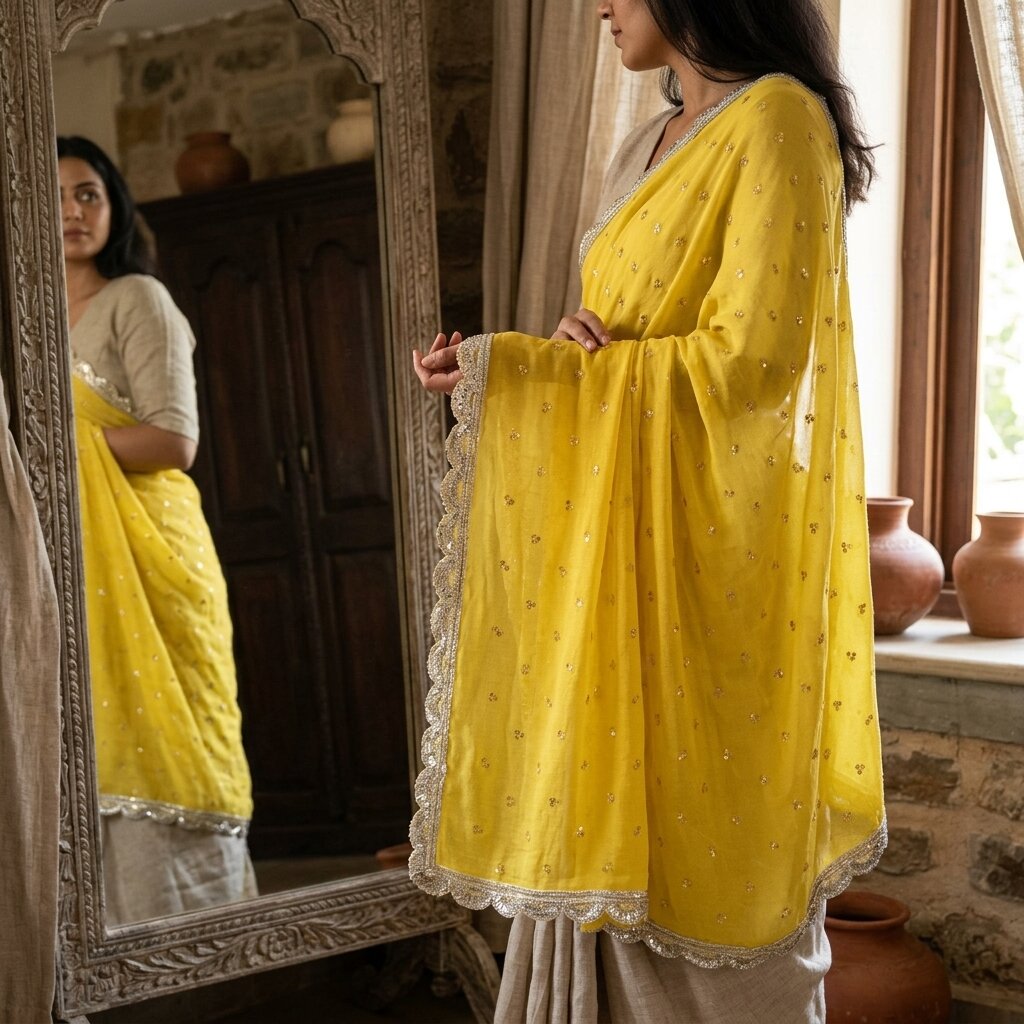 Sanskriti Vintage Dupatta/Stole Yellow Pure Chiffon Embroidered Sequins LaceVeil