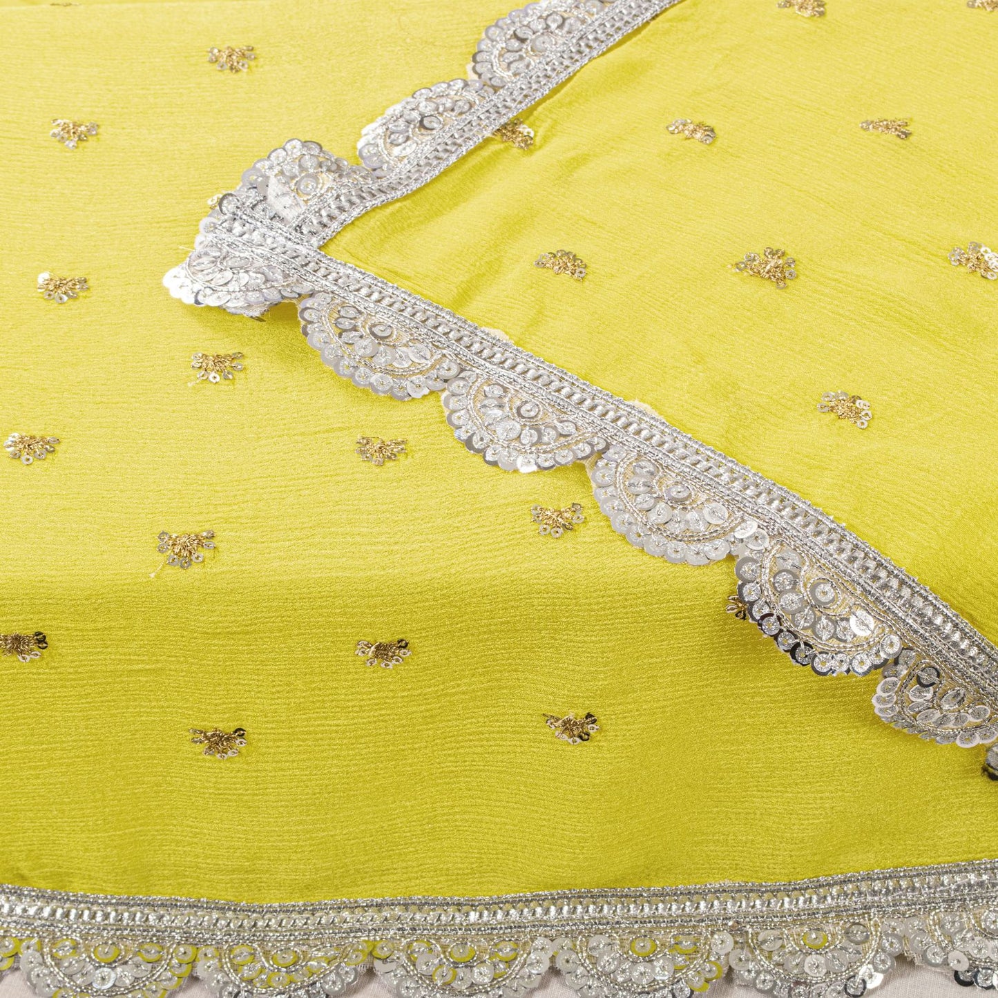 Sanskriti Vintage Dupatta/Stole Yellow Pure Chiffon Embroidered Sequins LaceVeil