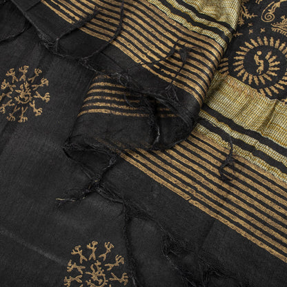 Sanskriti Vintage Dupatta/Stole Black Art Silk Warli Art Hand Block Printed Veil